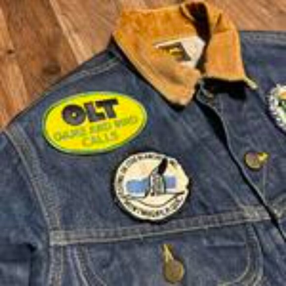 1970s Lee Ducks Unlimited Denim Jacket with Embroidered Patches Yellow Collar Ma - Picture 3 of 8